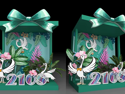 Green Decorative Boxes With Large Bows Tropical Plants Flowers Swan Decorations And Numbers 2108 2109 3d model