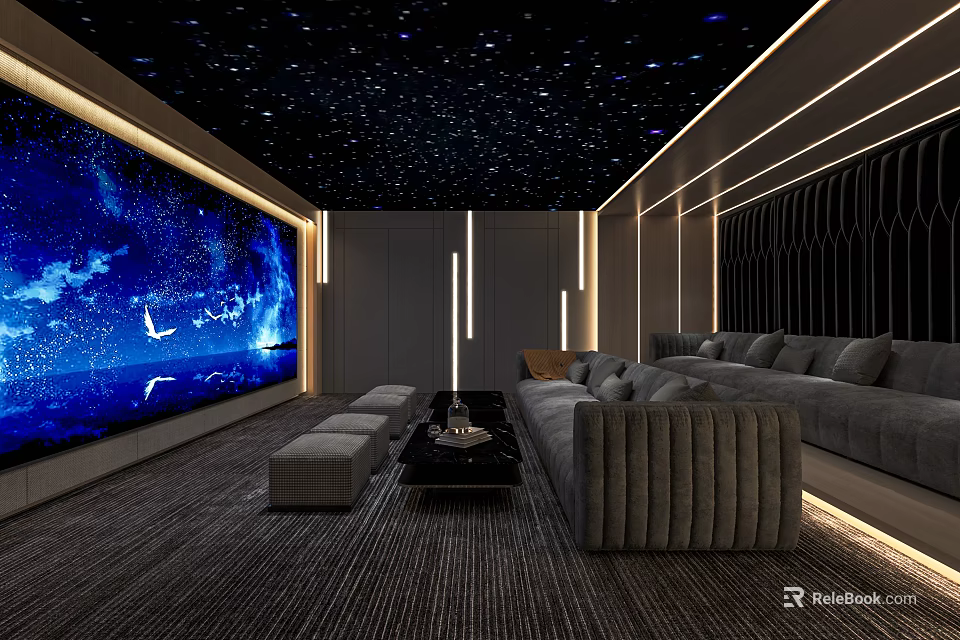 Modern Home Theater Interior With Starry Ceiling Large Screen Gray Sofa And Ambient Lighting 3d model 