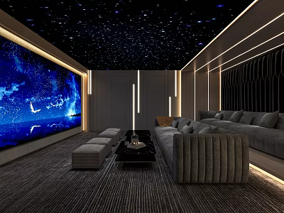 Modern Home Theater Interior With Starry Ceiling Large Screen Gray Sofa And Ambient Lighting 3d model