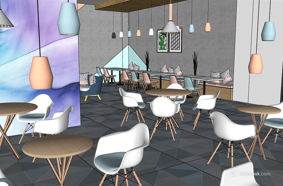 Modern Café Interior With Colorful Hanging Lights White Chairs Brown Tables And Geometric Floor Tiles 3d model 