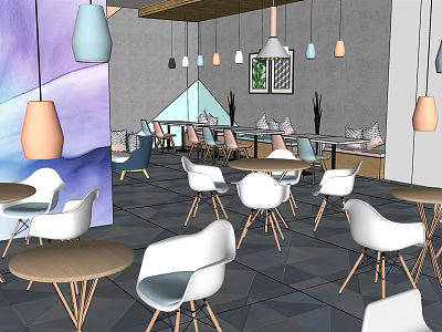 Modern Café Interior With Colorful Hanging Lights White Chairs Brown Tables And Geometric Floor Tiles 3d model