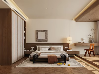 Modern Bedroom Interior With Wooden Wardrobe Bed Herringbone Floor Pendant Light And Decorative Painting 3d model