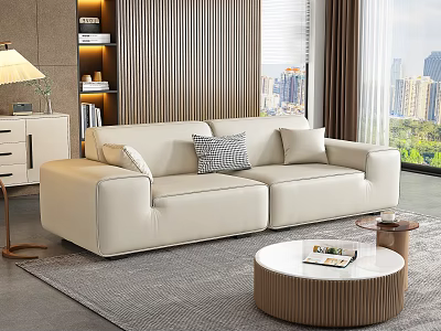 Beige Leather Sectional Sofa With Throw Pillows Round Coffee Table And City View Window 3d model