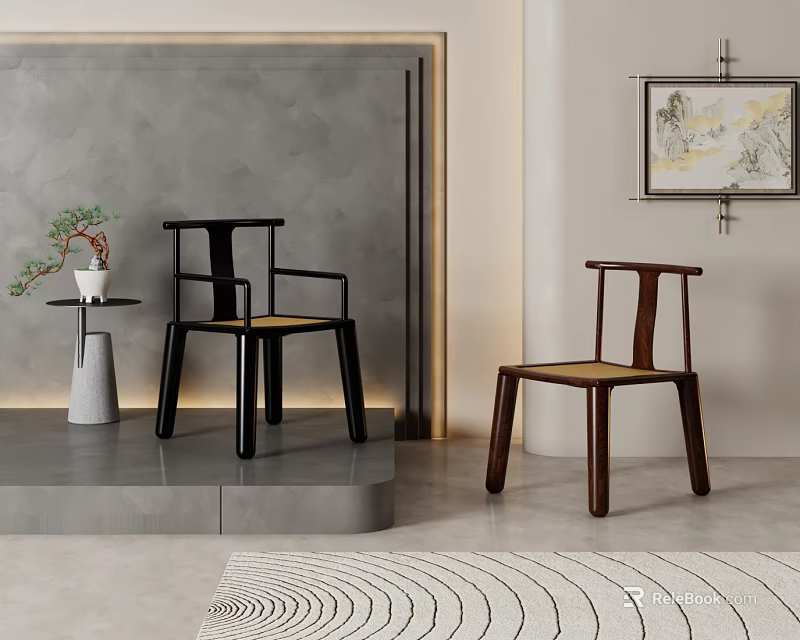 Chinese Style Wooden Leisure Chairs With Woven Seats In Modern Interior Gray Wall Decorative Painting And Green Plant 3d model 