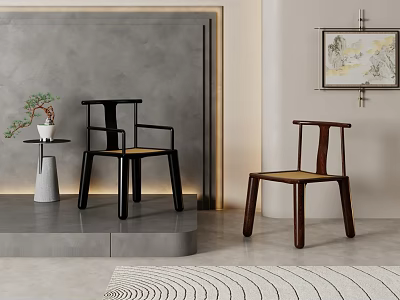 Chinese Style Wooden Leisure Chairs With Woven Seats In Modern Interior Gray Wall Decorative Painting And Green Plant 3d model
