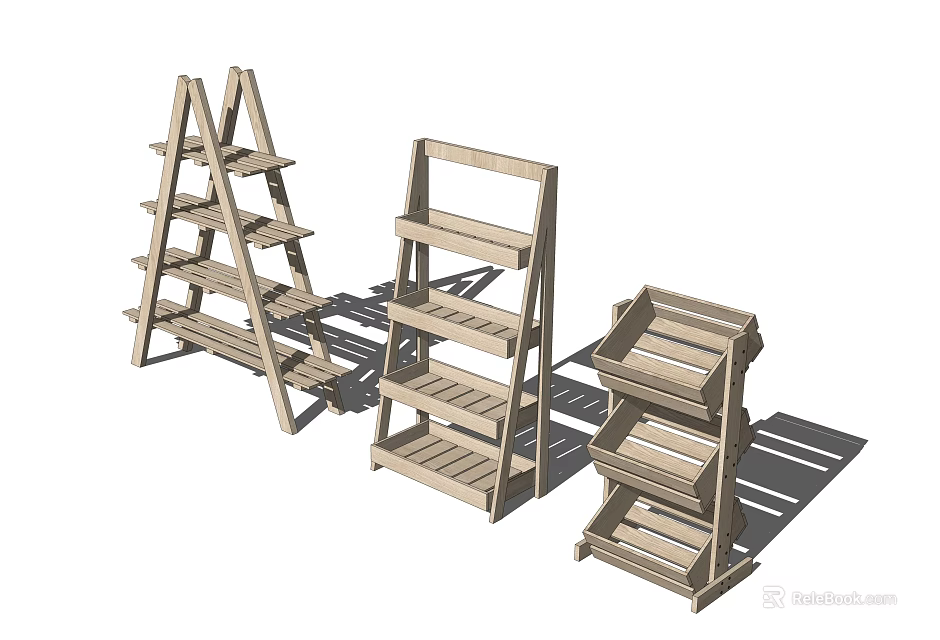Three Different Wooden Multi tiered Storage Shelving Units With Various Designs For Home Storage 3d model 