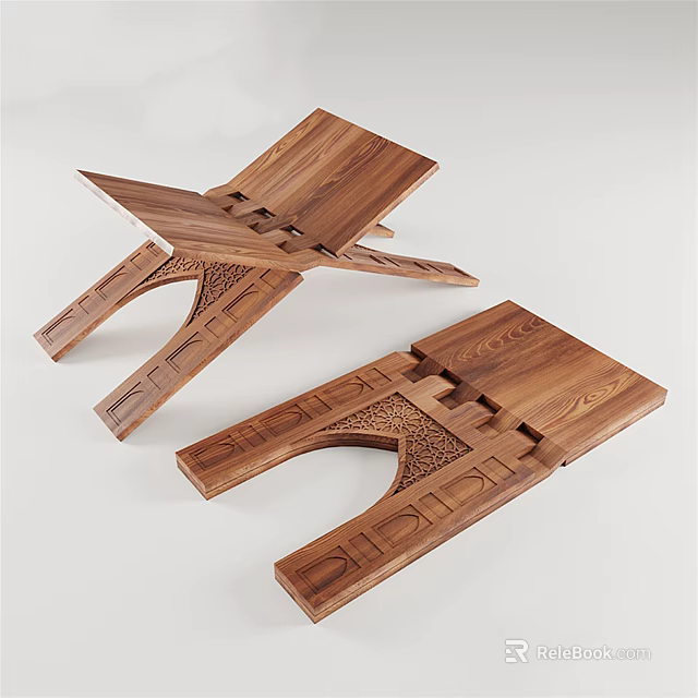 Wooden Foldable Stools With Cross Structure And Intricate Carved Patterns 3d model