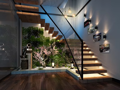 Modern Stairs With Wooden Steps Glass Railing Green Plants Decorative Paintings And Lighting 3d model