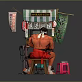 Shirtless Man With White Headband Playing Arcade Game At Traditional Japanese Stall