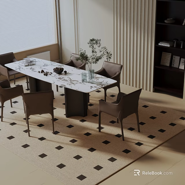 Modern Marble Top Dining Table Set with Brown Chairs Green Plant Decor on Patterned Rug 3d model 