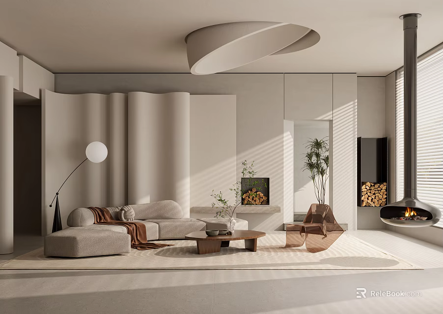 Modern Living Room Interior With Curved Walls Sofa And Fireplace 3d model 
