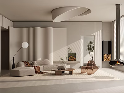 Modern Living Room Interior With Curved Walls Sofa And Fireplace 3d model