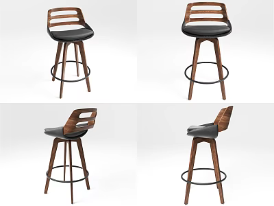 Modern Wooden Bar Stools With Black Seat Curved Hollow Backrest And Metal Base 3d model