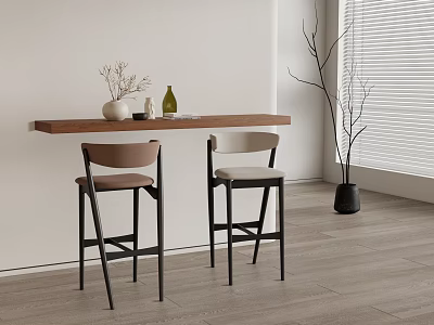 Modern Brown And Beige Bar Stools With Black Legs By Wooden Countertop In Minimalist Interior 3d model