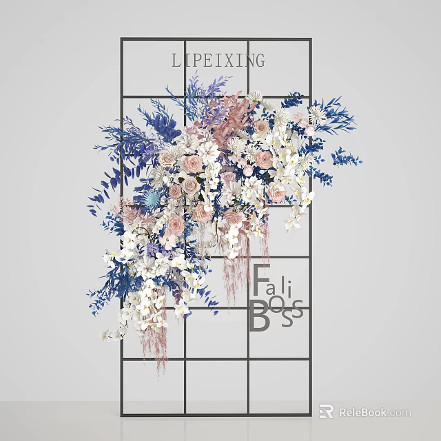Elegant Floral Installation with Pink White Blue Flowers and Grid Frame Design 3d model 