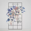Elegant Floral Installation with Pink White Blue Flowers and Grid Frame Design