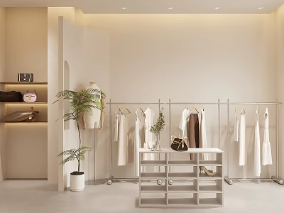 Minimalist Clothing Store Interior With Hanging Clothes Racks Green Plant And Display Table Setup 3d model