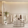 Minimalist Clothing Store Interior With Hanging Clothes Racks Green Plant And Display Table Setup