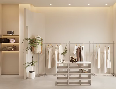 Minimalist Clothing Store Interior With Hanging Clothes Racks Green Plant And Display Table Setup 3d model