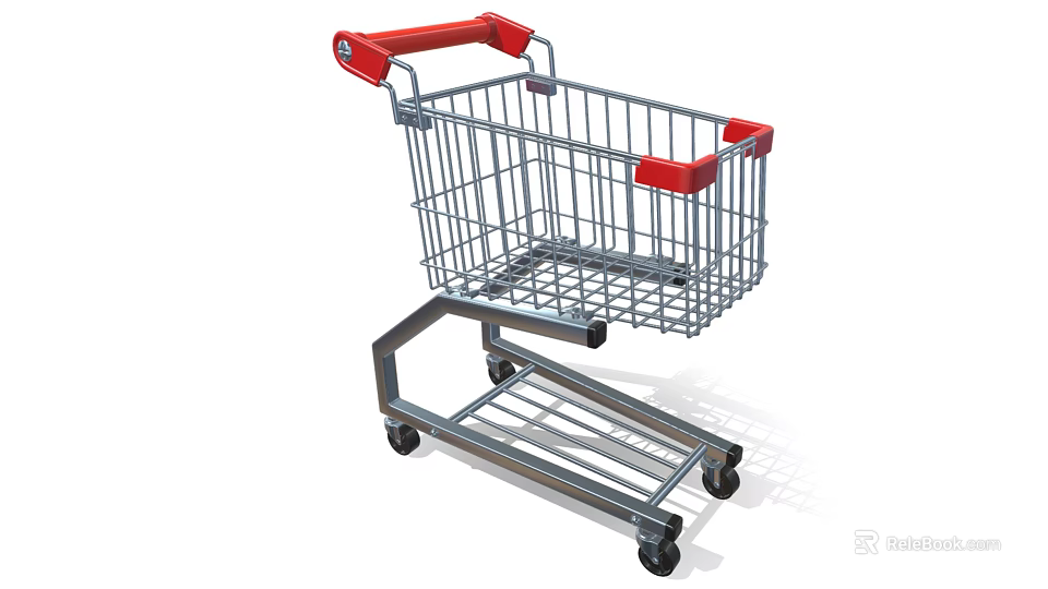 Durable Commercial Shopping Cart With Metal Frame Red Handles Bottom Shelf And Wheels 3d model 