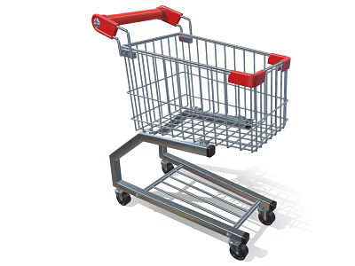 Durable Commercial Shopping Cart With Metal Frame Red Handles Bottom Shelf And Wheels 3d model