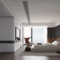 Modern Minimalist Bedroom Interior With Dark Textured Wall Beige Bed And Hanging Lamps