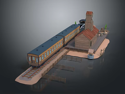 Vintage Train Platform Scene With Small Building Tower And Boat Model 3d model