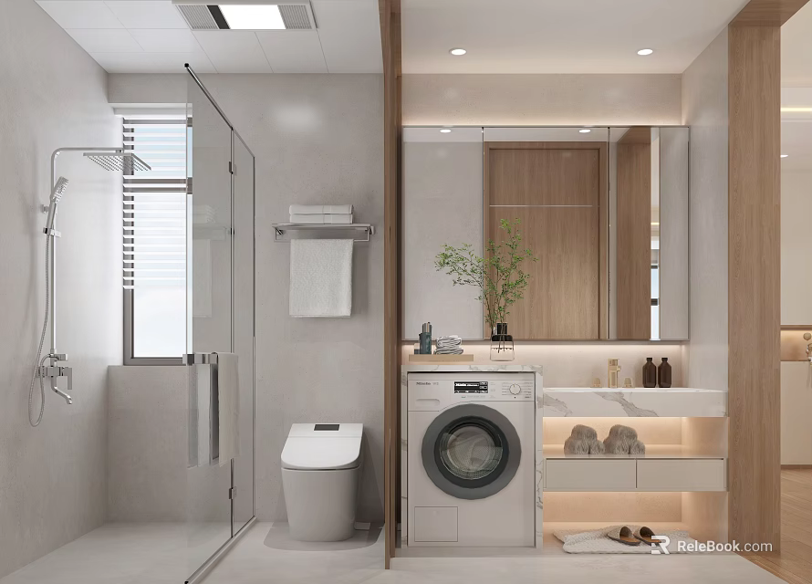 Modern Bathroom Interior With Shower Enclosure Toilet Washing Machine Vanity Mirror And Wooden Cabinetry 3d model 