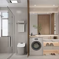 Modern Bathroom Interior With Shower Enclosure Toilet Washing Machine Vanity Mirror And Wooden Cabinetry