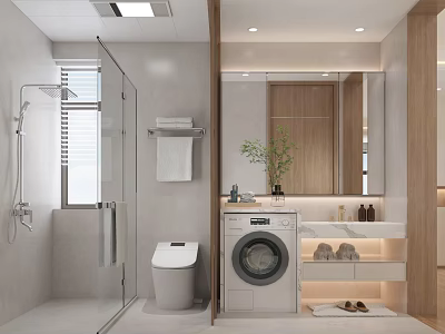 Modern Bathroom Interior With Shower Enclosure Toilet Washing Machine Vanity Mirror And Wooden Cabinetry 3d model