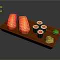 Fresh Red And Green Sushi Rolls With Decorative Garnish On Wooden Tray