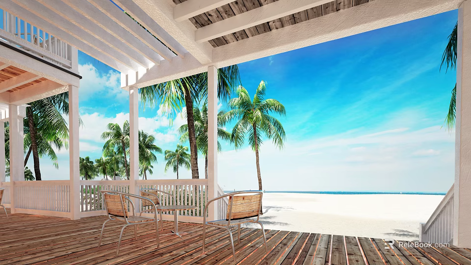 Tranquil Garden Landscape With Wooden Deck White Railings Palm Trees And Ocean View 3d model 