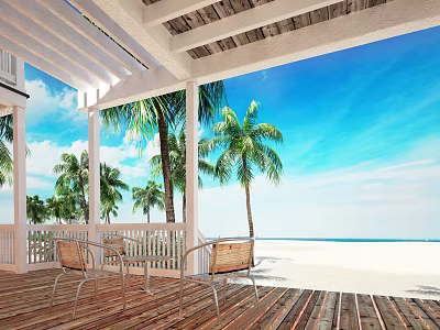 Tranquil Garden Landscape With Wooden Deck White Railings Palm Trees And Ocean View 3d model