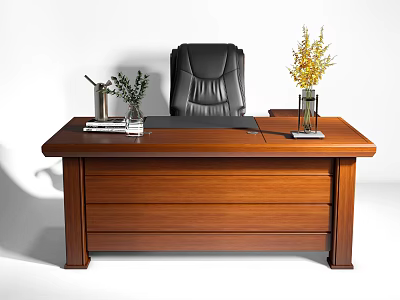 Brown Wooden Office Desk With Black Leather Chair Green Plants And Yellow Flowers 3d model
