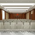 Courtroom Interior Design With Wooden Backdrop Red Emblem Judge's Bench And Seats