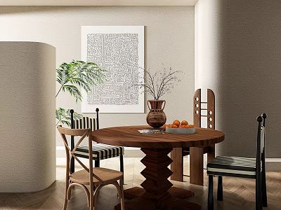 Modern Round Wooden Dining Table Set With Chairs Vase Branches Fruits Plant And Wall Art 3d model