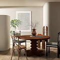 Modern Round Wooden Dining Table Set With Chairs Vase Branches Fruits Plant And Wall Art