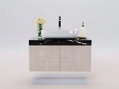 Modern Floating Bathroom Vanity With Black Marble Countertop White Basin And Woven Texture Cabinets 3d model