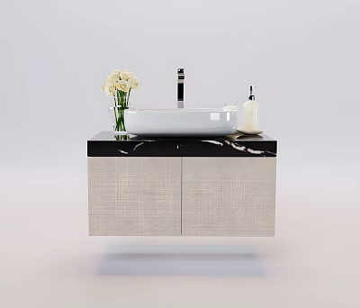 Modern Floating Bathroom Vanity With Black Marble Countertop White Basin And Woven Texture Cabinets 3d model