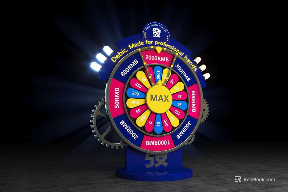 Colorful Spinning Wheel Art Installation With Gears Lights And Game Elements 3d model 