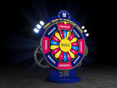Colorful Spinning Wheel Art Installation With Gears Lights And Game Elements 3d model