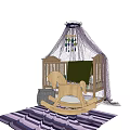 Baby Crib with Purple Canopy Wooden Rocking Horse Gray Stool and Striped Rug