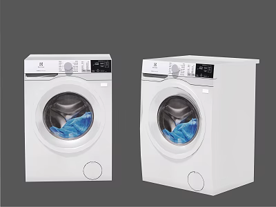 Two White Front Loading Washing Machines With Blue Laundry Inside 3d model