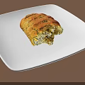 Golden Brown Stuffed Baked Pastry On White Square Plate With Sliced Design And Brown Background