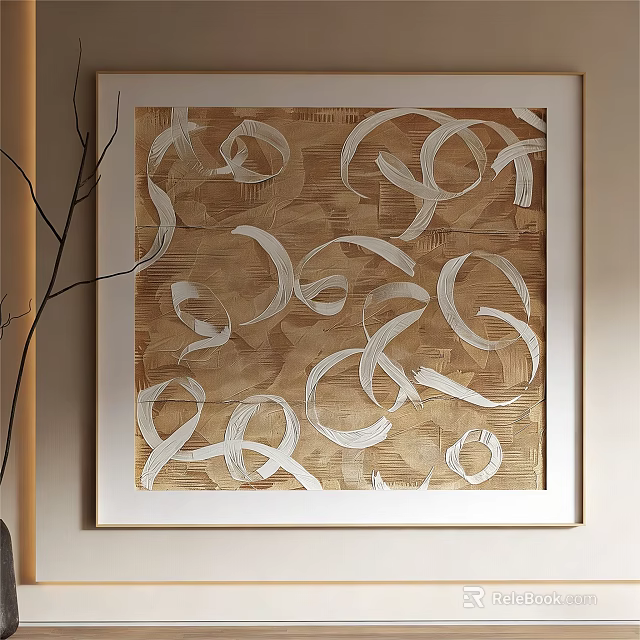 Framed Abstract Painting With Textured Brown Background And White Swirl Patterns 3d model 