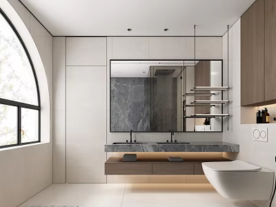 Modern Bathroom Interior Design With Large Mirror Marble Countertop And Wooden Cabinets 3d model