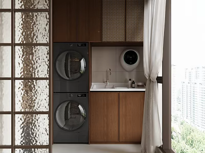 Modern Home Balcony With Wooden Cabinets Washing Machine Sink Round Mirror And Window View 3d model