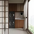 Modern Home Balcony With Wooden Cabinets Washing Machine Sink Round Mirror And Window View