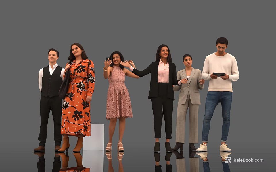 Diverse Group of People Posing in Various Outfits with Different Gestures Against Gray Background 3d model 