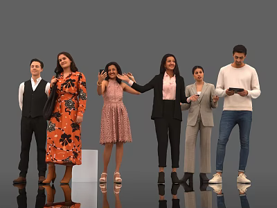 Diverse Group of People Posing in Various Outfits with Different Gestures Against Gray Background 3d model